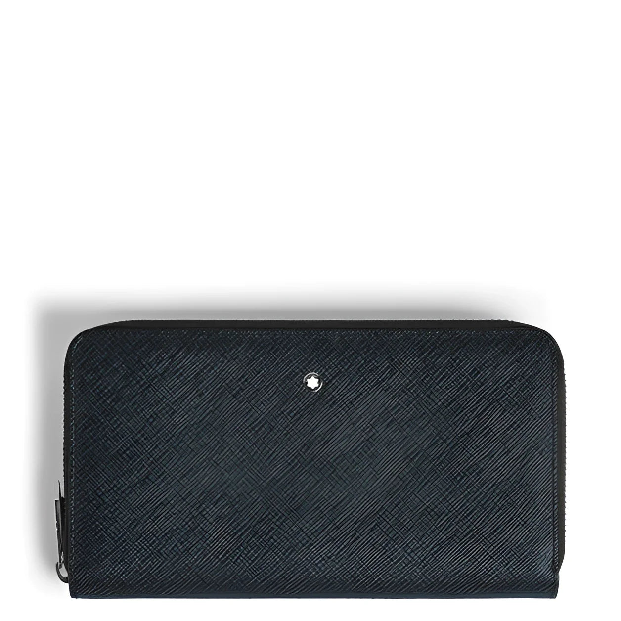 Portafoglio montblanc sartorial goffrata nera in pelle con logo argento e 12 scomparti con cerniera blu tweed