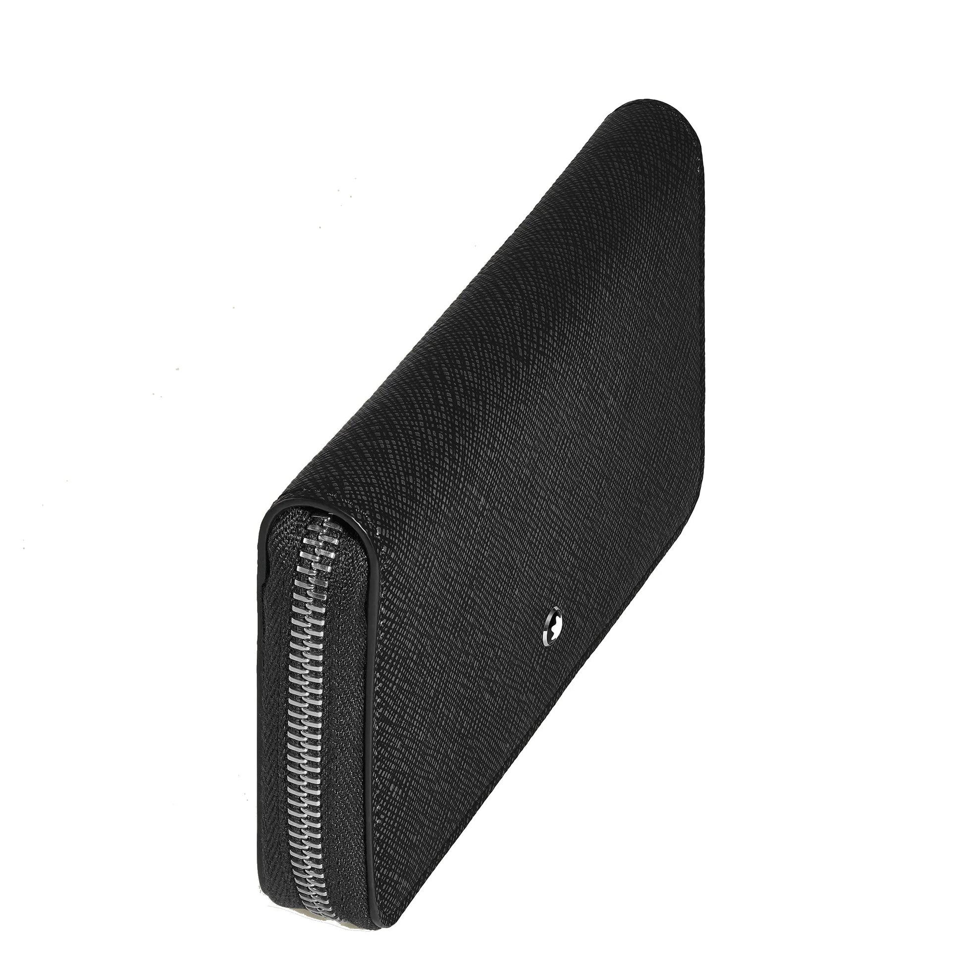 Portafoglio montblanc nero in pelle sartorial goffrata con cerniera combina stile e logo argentato elegante