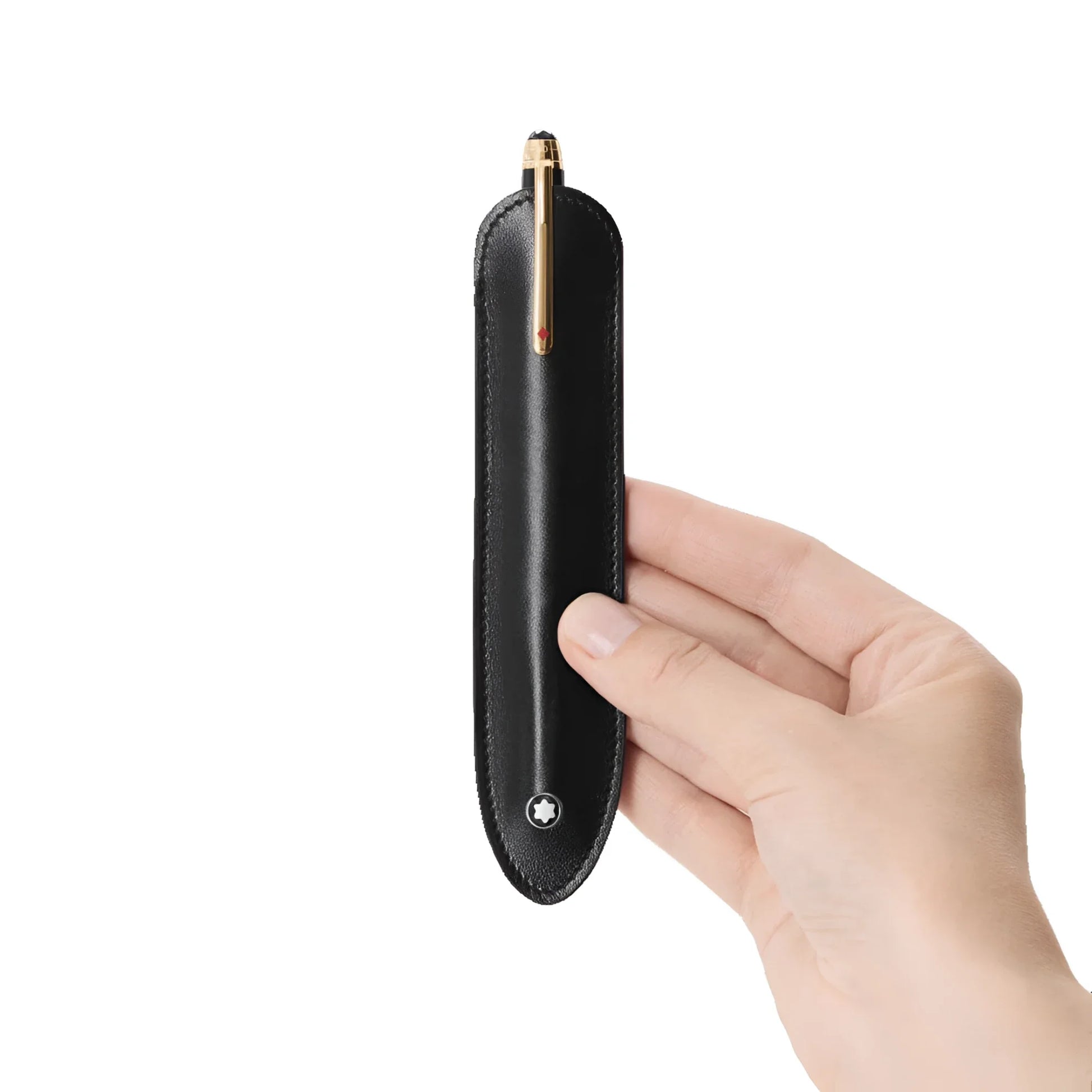 Portapenne montblanc meisterstück in morbida pelle nera con penna montblanc finitura oro esposta allinterno