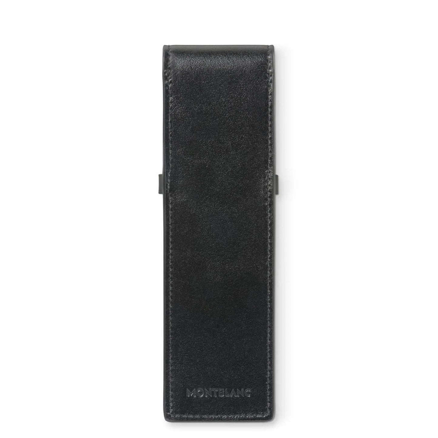 Montblanc astuccio in pelle lucida nero per 2 penne meisterstück con cuciture discrete e marchio a rilievo