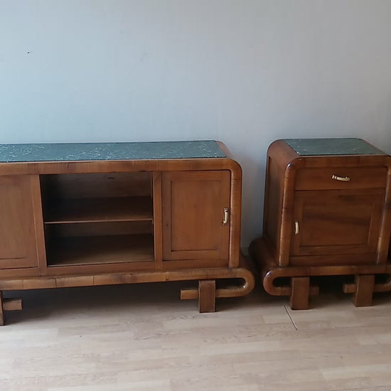 Camera da letto Art Decò 1950 Mid Century cassettiera, comodini, toletta e secretaire
