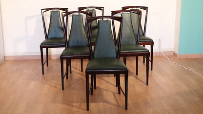 6-teiliges Set aus Mid-Century Stühlen von Osvaldo Borsani, Atelier Borsani Varedo, Mahagoni, Palisander, Leder und Messing, Italien, 1950er Jahre