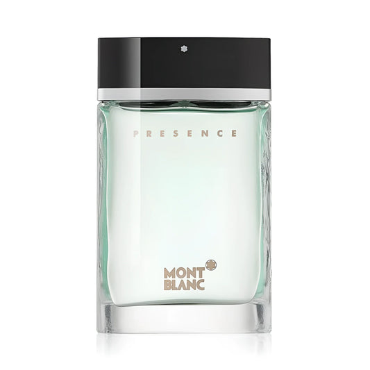 Bottiglia trasparente rettangolare di montblanc presence eau de toilette 75ml mb001a01 con liquido verde chiaro e tappo nero