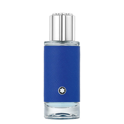 Bottiglia di profumo montblanc explorer ultra blue 30ml con finitura in pelle blu e tappo argento per carisma raffinati narrando