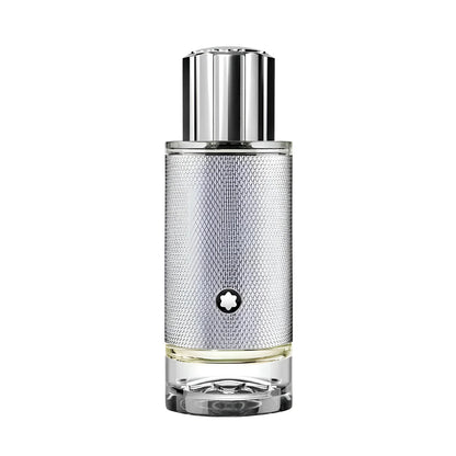Bottiglia di profumo montblanc explorer platinum da 30ml in vetro argentato con tappo metallico a coste e logo montblanc