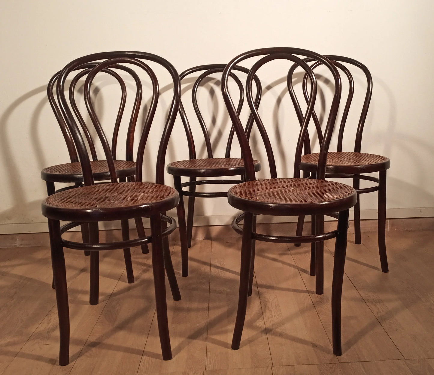 Set di cinque sedie stile thonet drava con seduta in paglia di vienna in legno curvato