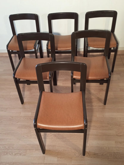 Set di sei sedie da pranzo vintage brutaliste anni 70 in legno scuro con sedili in pelle marrone