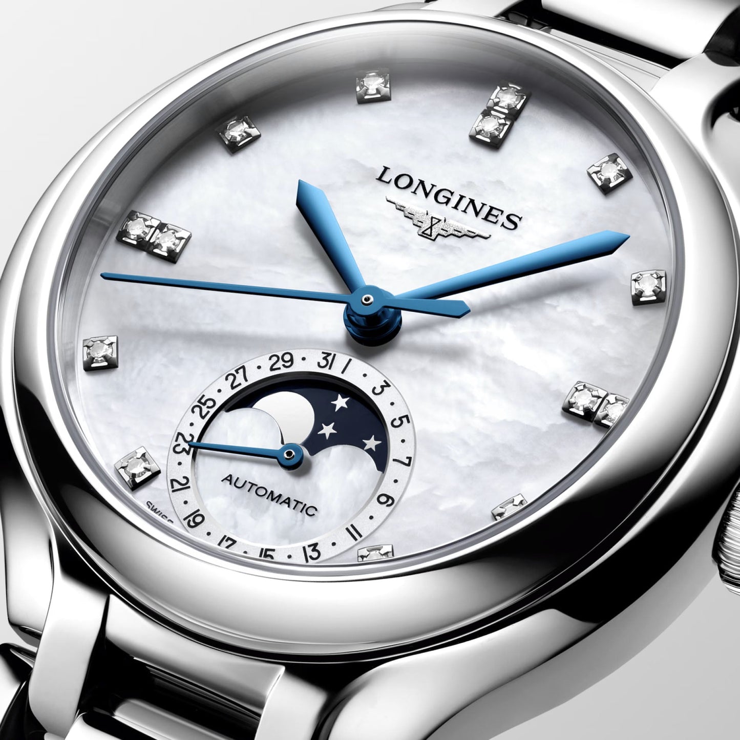 Longines Uhr Primaluna Mondphase 34mm Perlmutt Diamanten Automatik Stahl L8.126.4.87.6