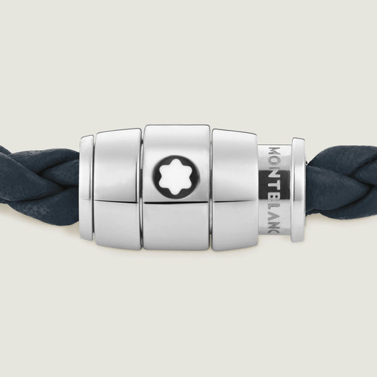 Montblanc Armband aus Stahl mit 3 Ringen und Meisterstück Leder Blau Avio Größe L 13601468