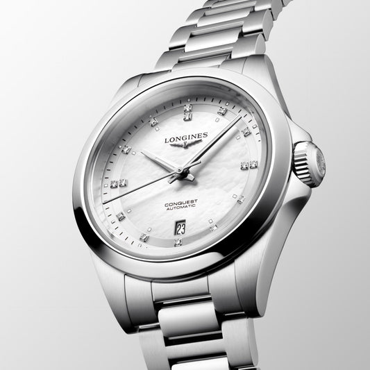 Longines Uhr Conquest 30mm Perlmutt Diamanten Automatik Stahl L3.320.4.87.6