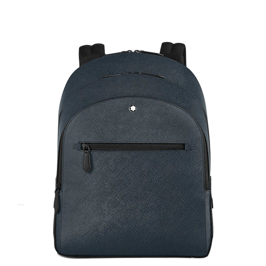 Montblanc zaino medio in pelle sartorial goffrata blu con tre scomparti stile urbano sofisticato tweed blu